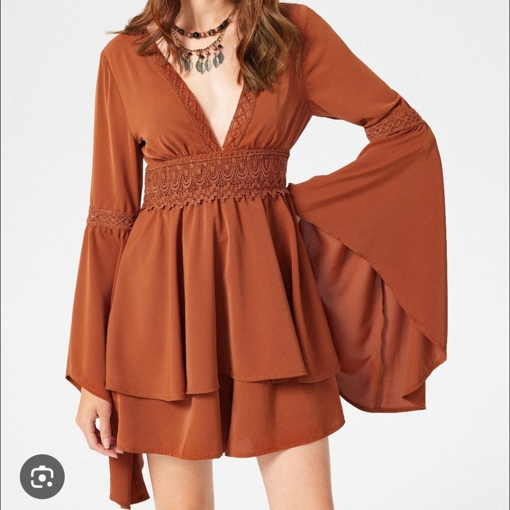 Cider Rust Trumpet Sleeve Romper Dress